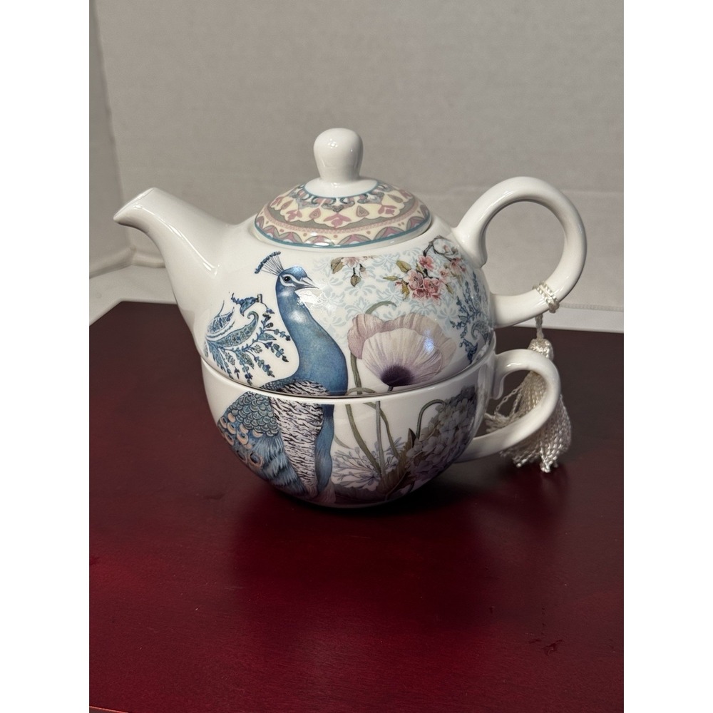 Delton Products‎ Peacock Porcelain Tea for One Set  5.8"  White Blue